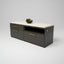 Black office lateral filing and storage cabinet with beige top.